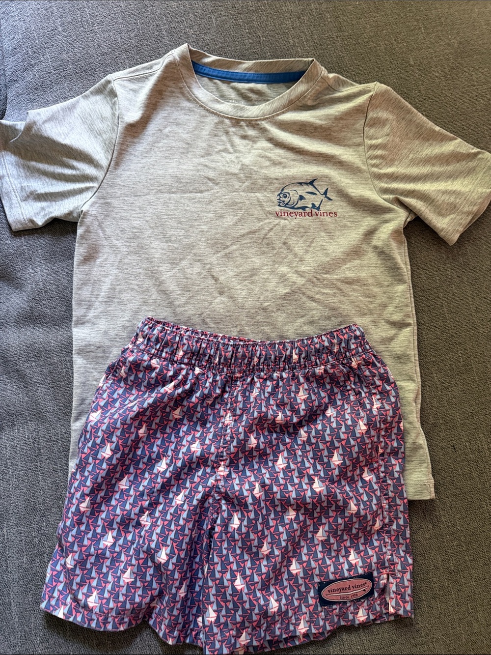 Vineyard Vines Gray Performance Tee with Blue and Pink Sailboat Bathing Suit